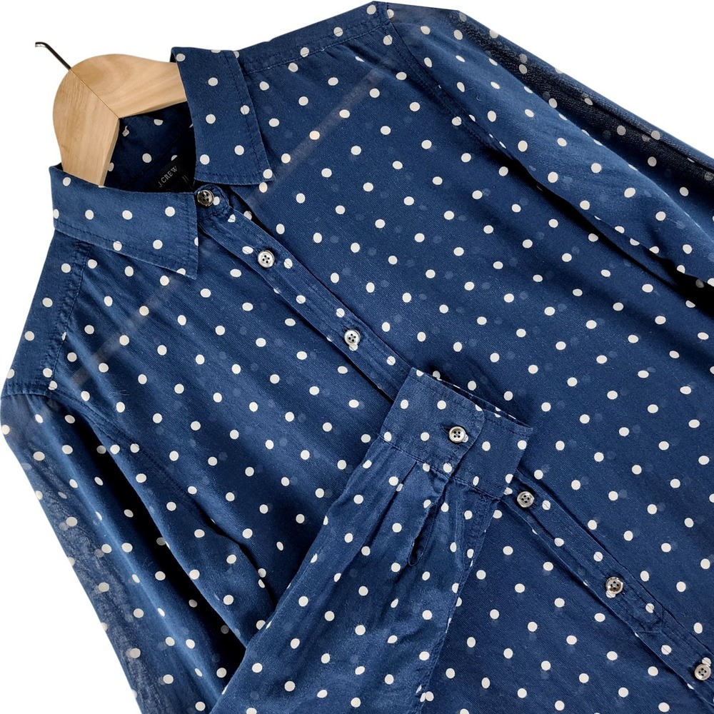 J.Crew Polka Dot Shirt Women 4 Navy Blue Silk Cotton Button Down Long Sleeve